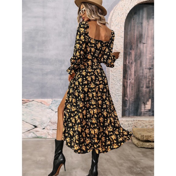 Black yellow Floral Print Flounce long Sleeve Knotted Split Thigh midi Dress - Picture 3 of 11